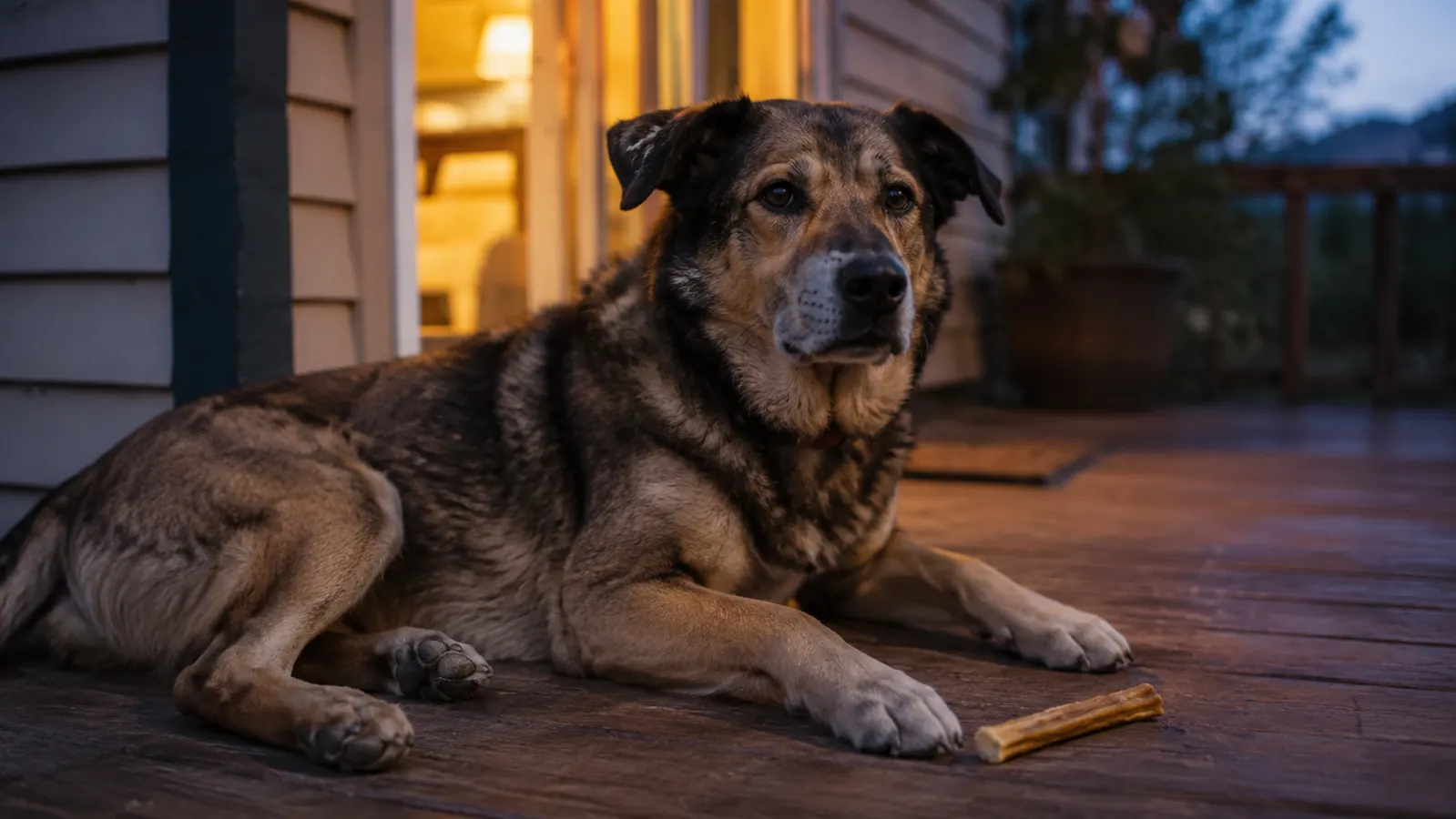 A large dog lying contentedly on a porch with a dental chew on the floor beside its front paws