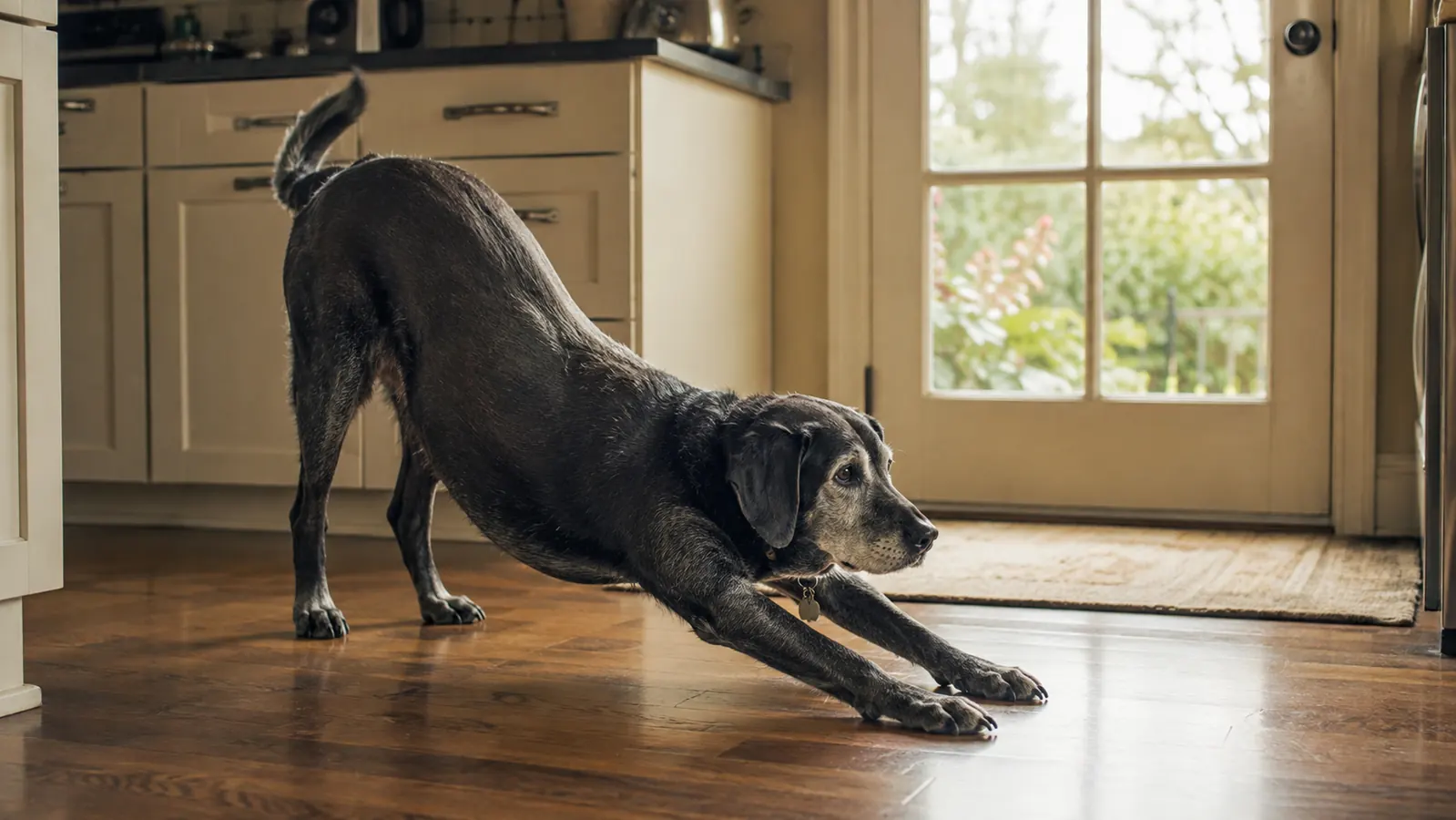 A senior dog stretches on a kitchen floor beside a food bowl in morning light