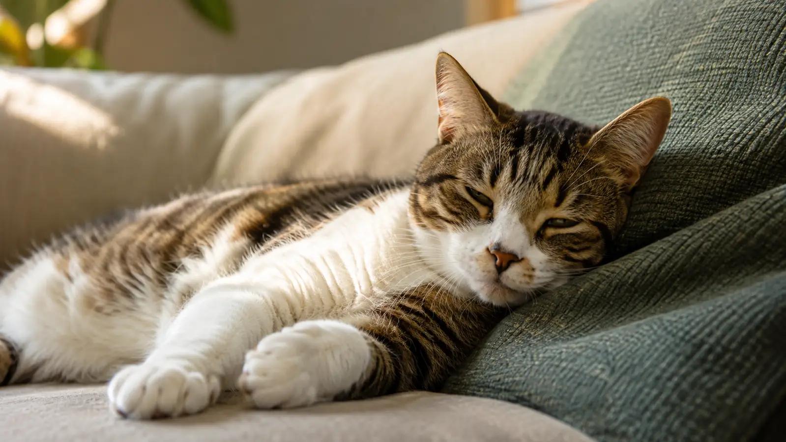 A relaxed adult cat resting on a couch cushion with eyes half closed