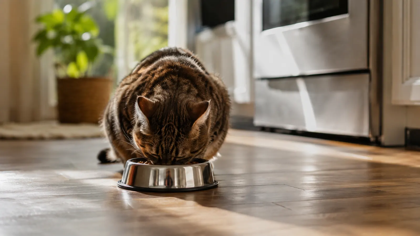 A cat eating from a stainless steel bowl on a kitchen floor near a sunny window