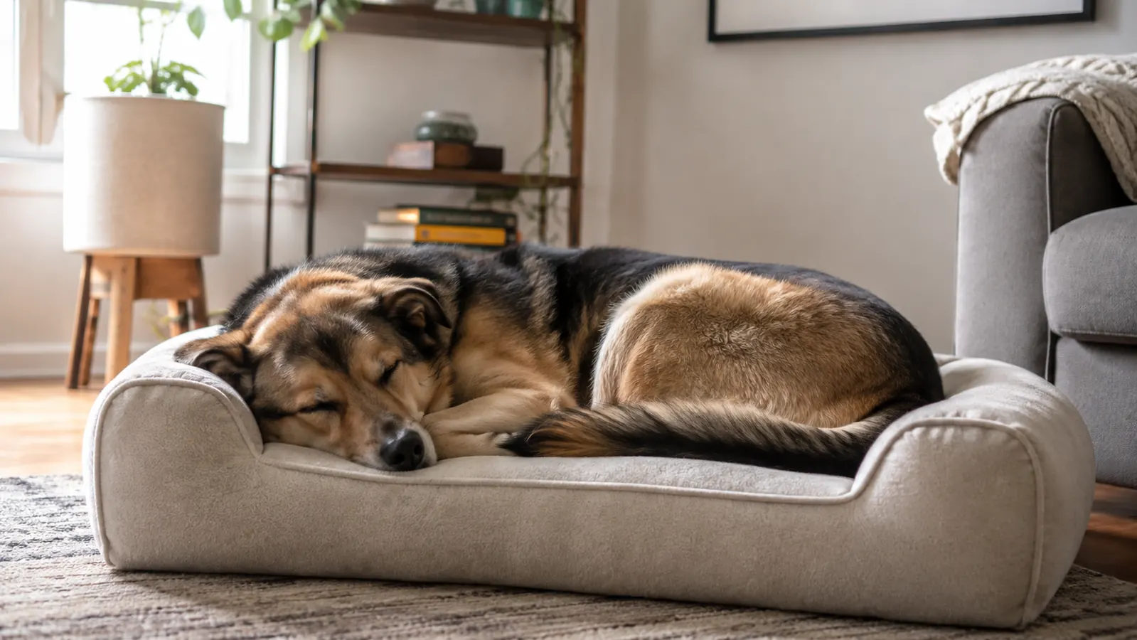 A large mixed-breed dog curled up asleep on a thick foam bed with raised sides in a sunlit living room
