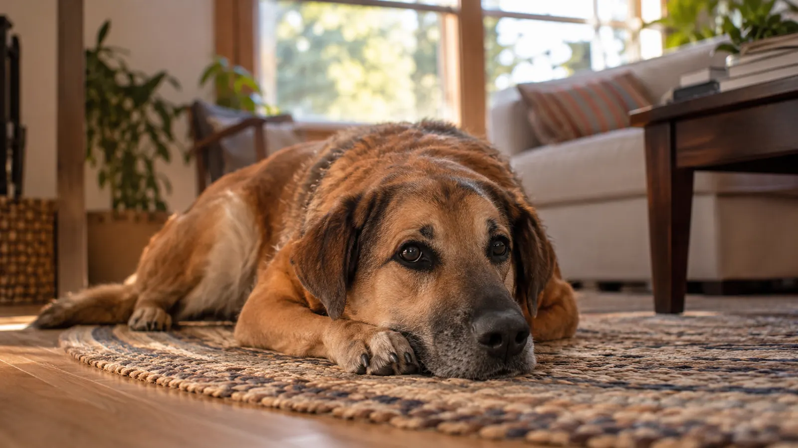 the dog resting calmly on a rug near a window in a living room
