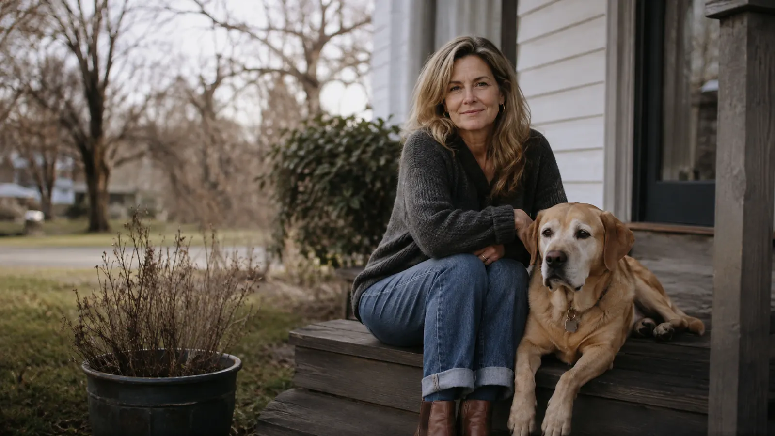 A woman sitting on a porch step beside a large calm dog during a cloudy afternoon