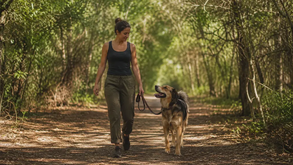 A person walking with a large mixed breed dog on a flat wooded trail in warm afternoon light