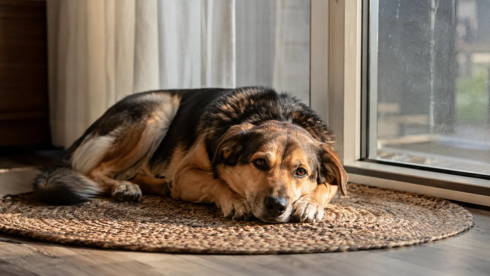 A large mixed breed dog resting on a braided rug near a sliding glass door in soft morning light