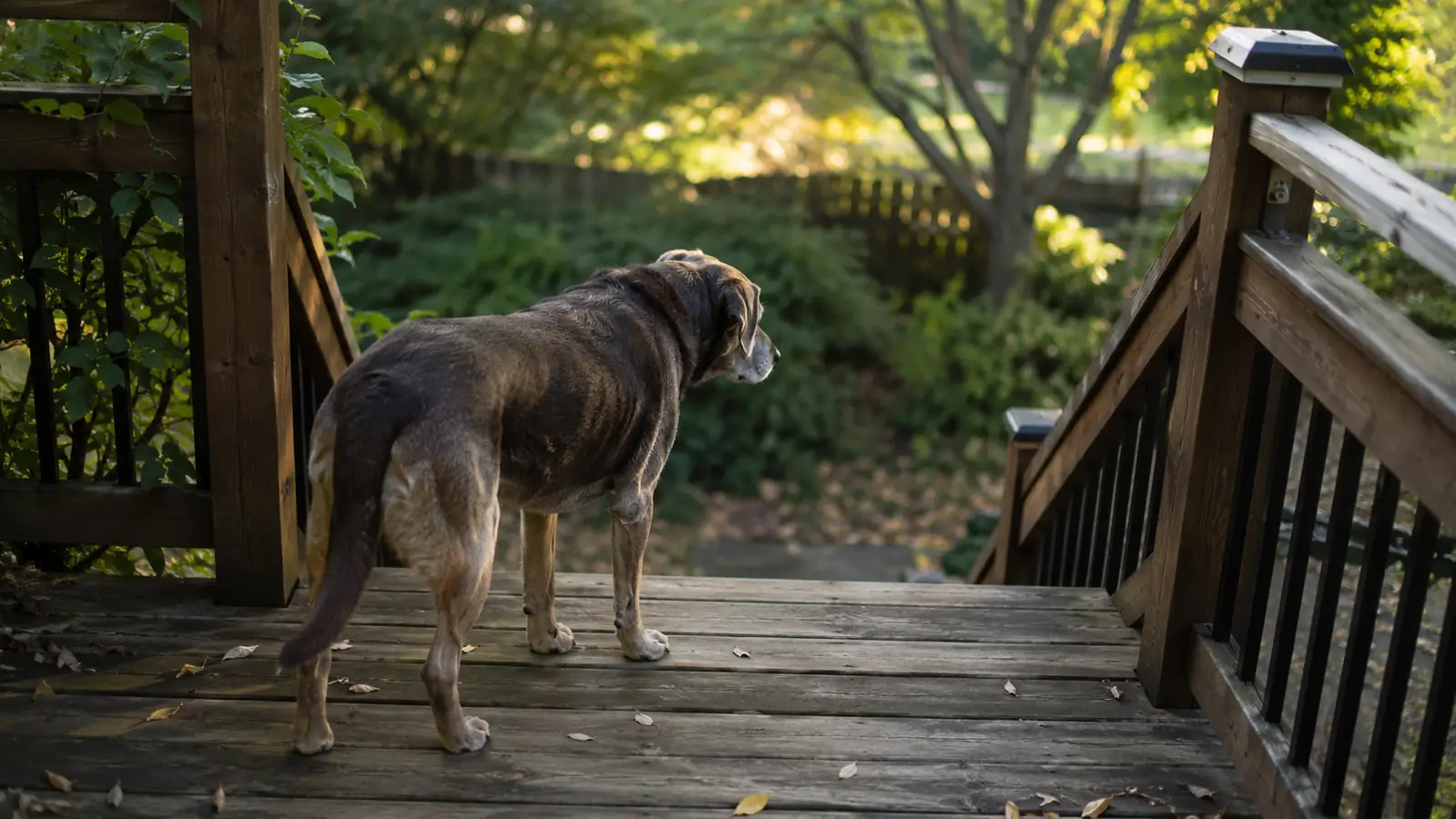 An older dog standing at the top of a wooden deck staircase, looking down toward a leafy yard in soft morning light
