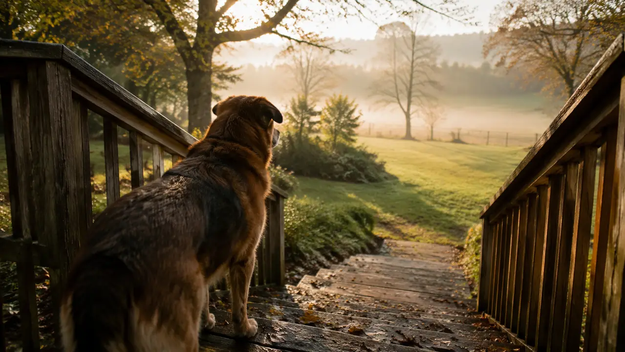 A large dog pausing at the top of a wooden stairway leading down to a misty yard on an autumn morning.