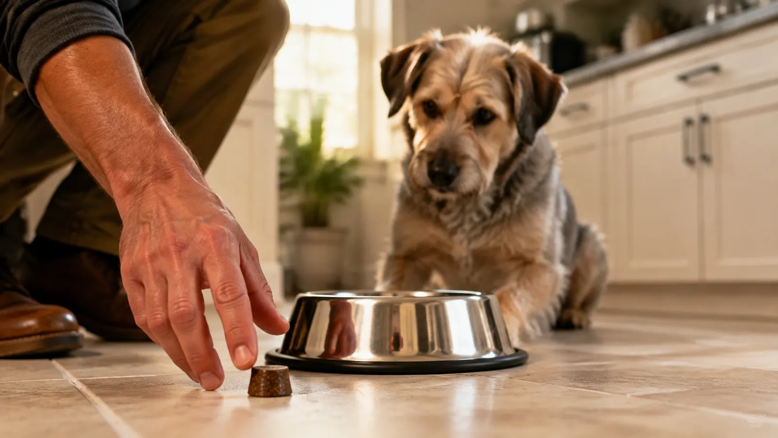 A hand placing a supplement beside a stainless steel dog bowl while a dog watches