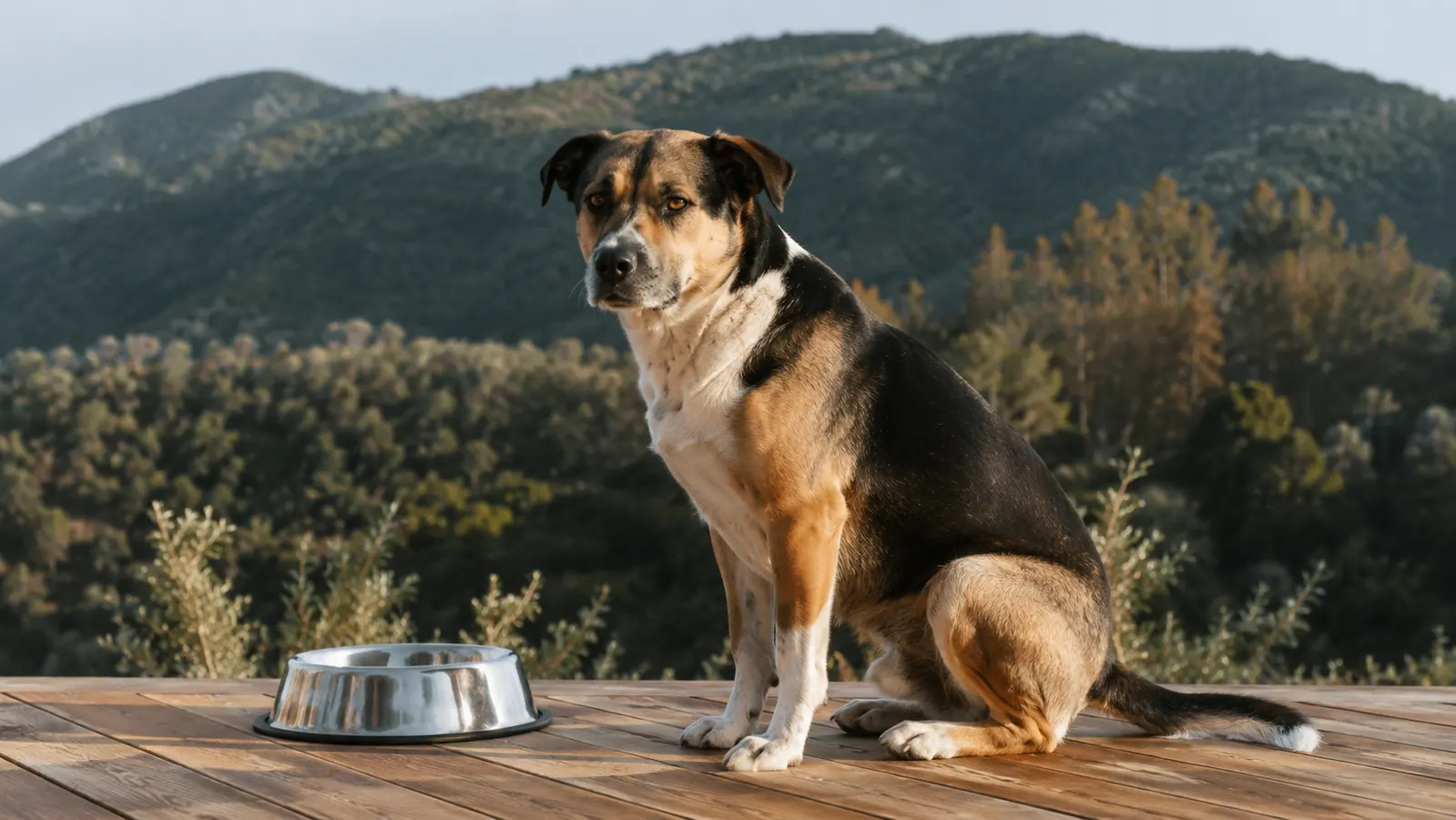 A medium sized dog sitting on a wooden deck beside a stainless steel water bowl on a clear morning