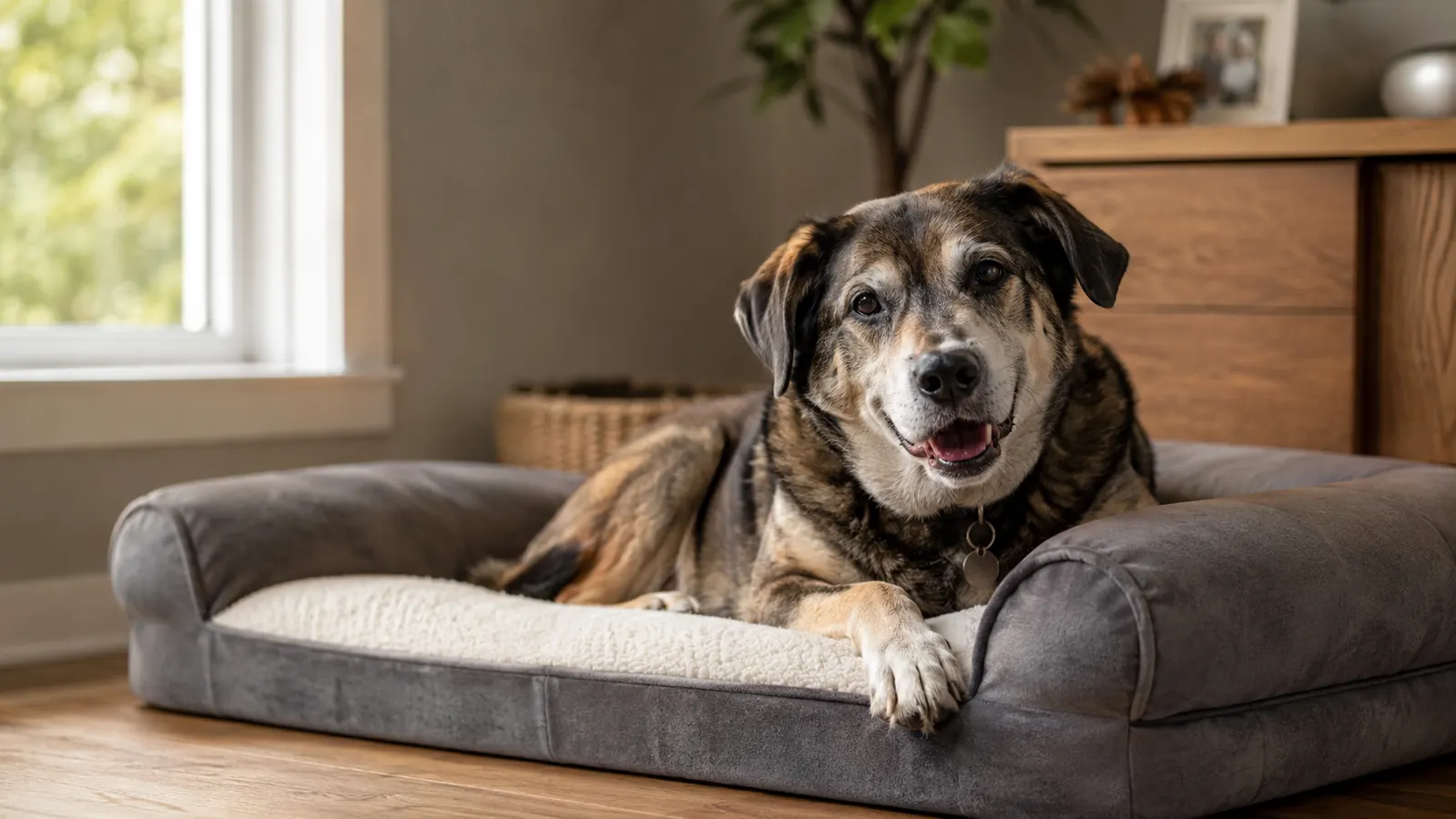 A large dog resting on an orthopedic pet bed with raised sides in a bright living room