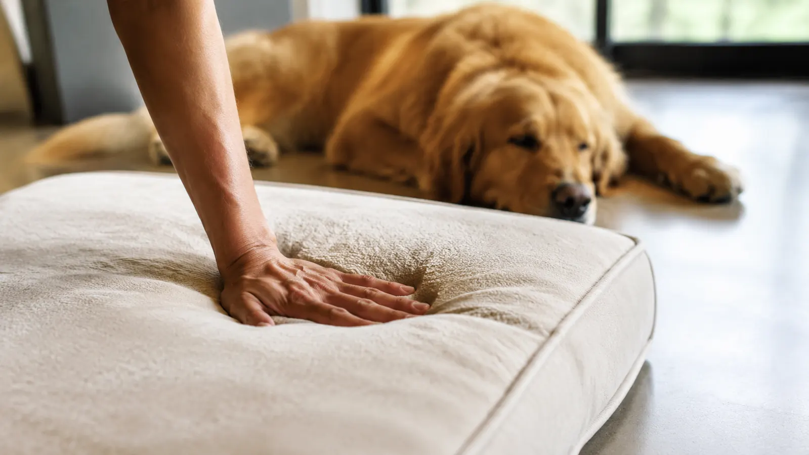 Hand pressing into the surface of an orthopedic dog bed while a large dog rests nearby
