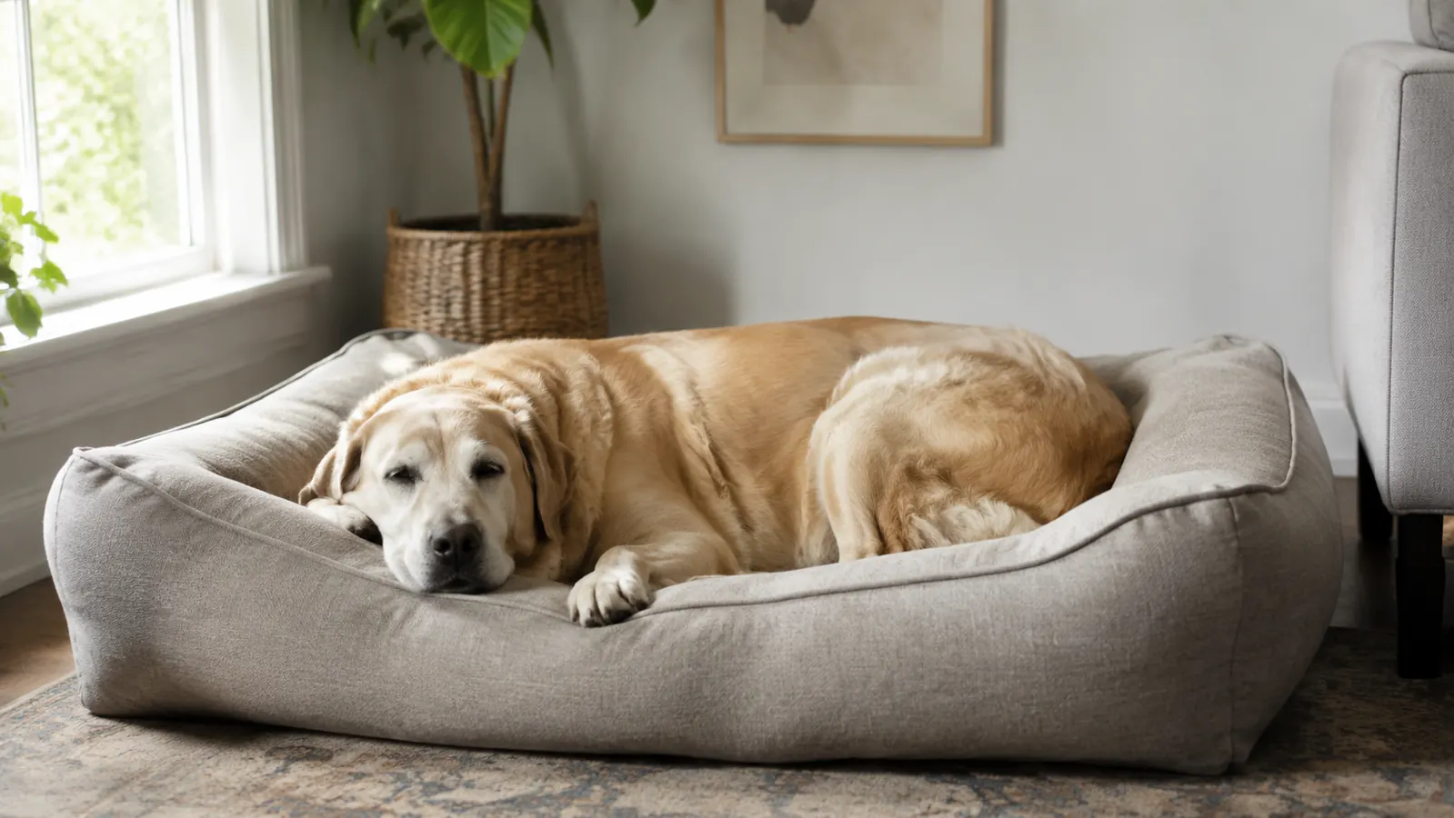 Dog curled in a large orthopedic bed with raised sides in a bright living room corner
