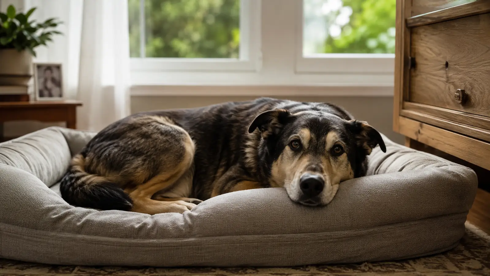 A large mixed-breed dog sleeping on an orthopedic dog bed with raised sides in a sunlit living room