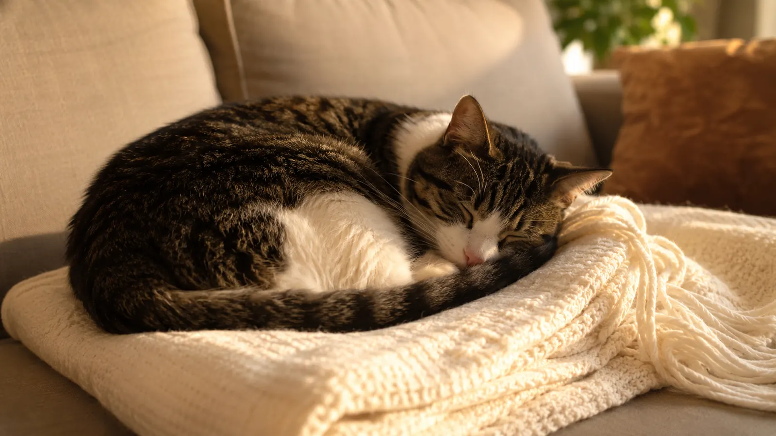 A cat napping on a folded blanket on the sofa.