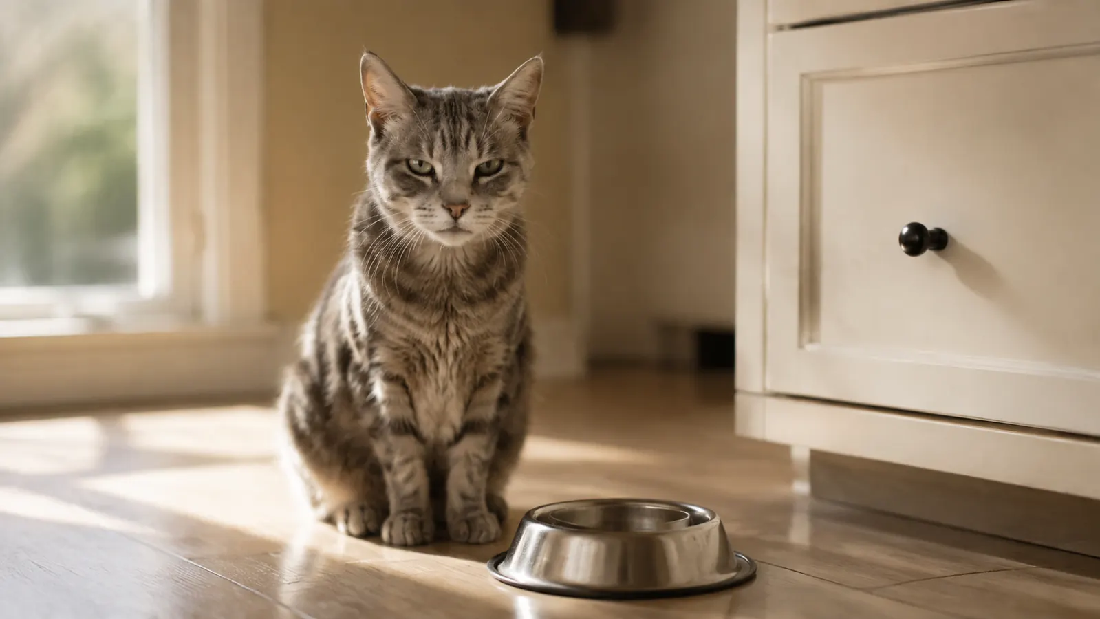 An older cat sitting beside a food bowl in a sunlit kitchen.