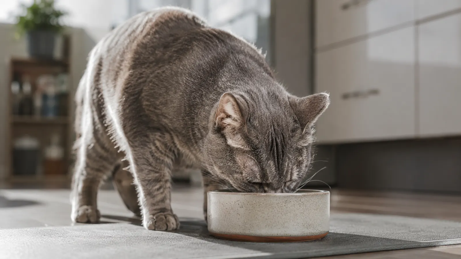 A cat eating from a food bowl on a kitchen mat