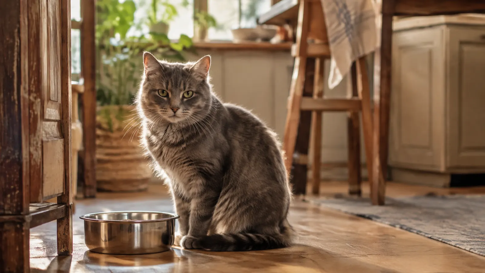 An adult cat sitting near a stainless steel food bowl on a kitchen floor in soft morning light