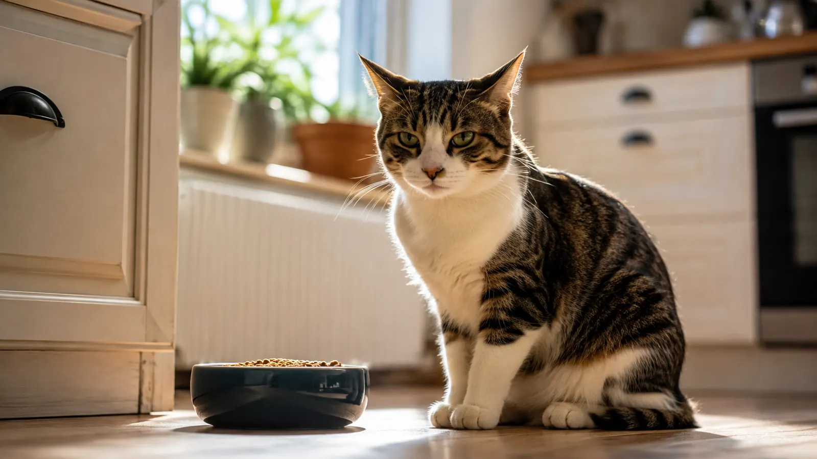 An adult cat sitting beside a food bowl in a bright kitchen
