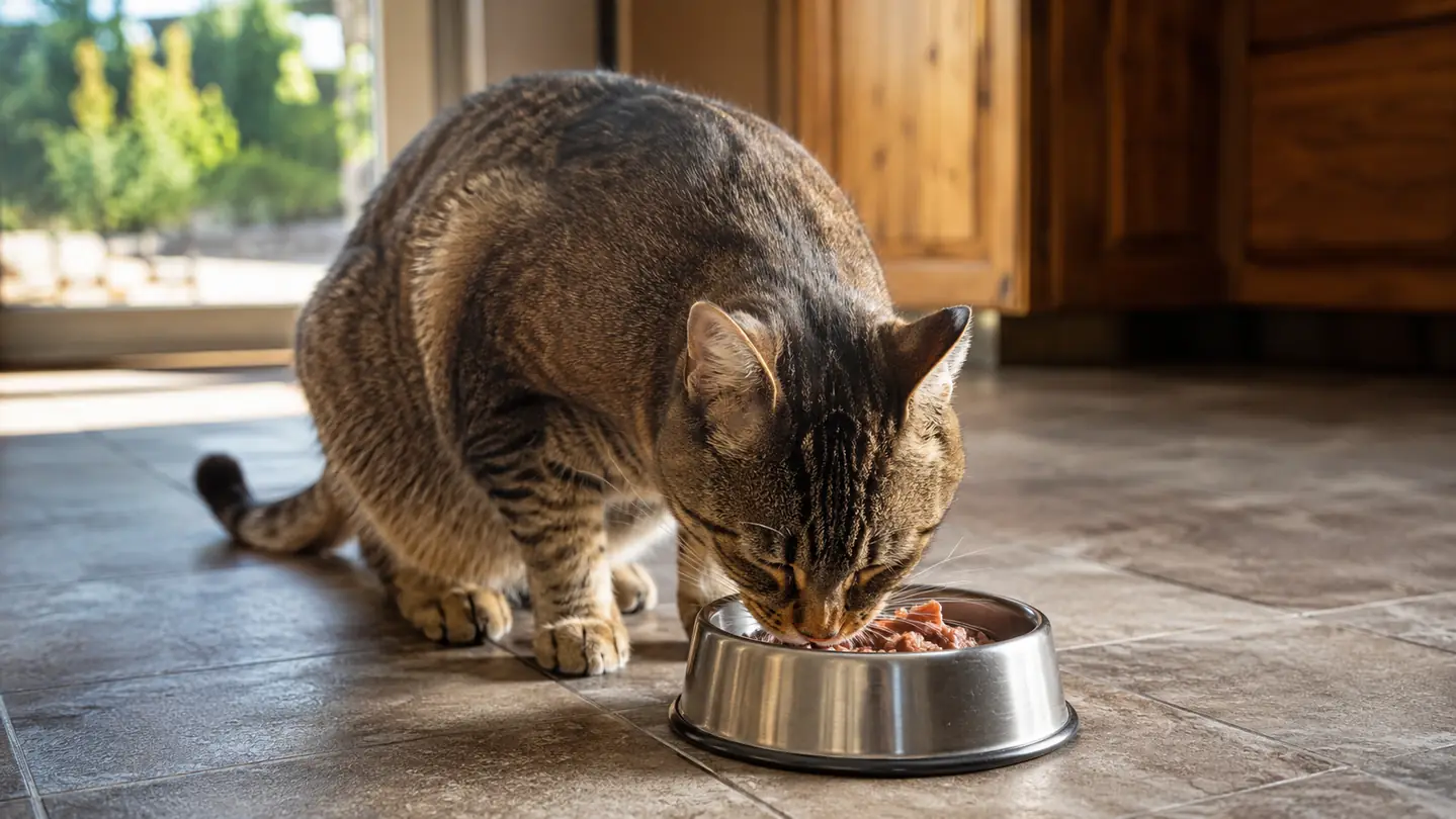 a cat eating from a stainless steel bowl in a kitchen