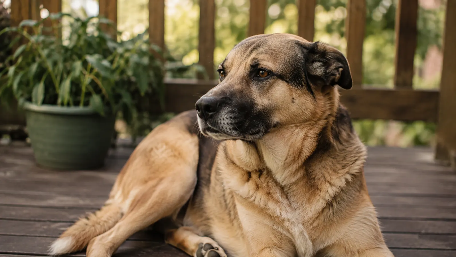A large dog resting on a wooden back deck in soft morning light
