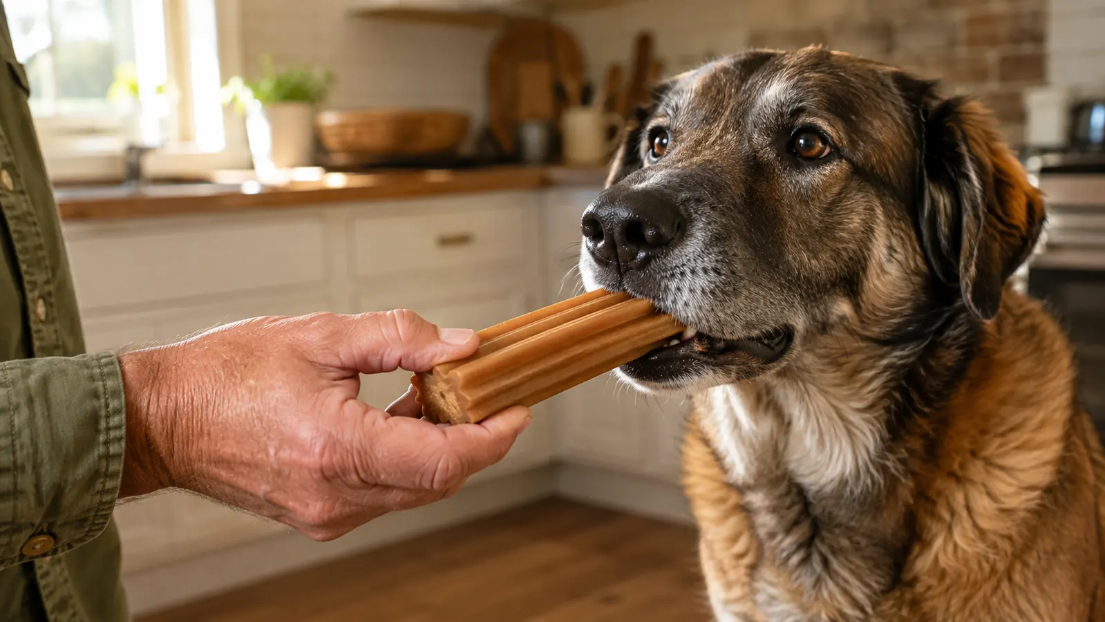 A hand offering the large dental chew to a large dog in a bright kitchen.