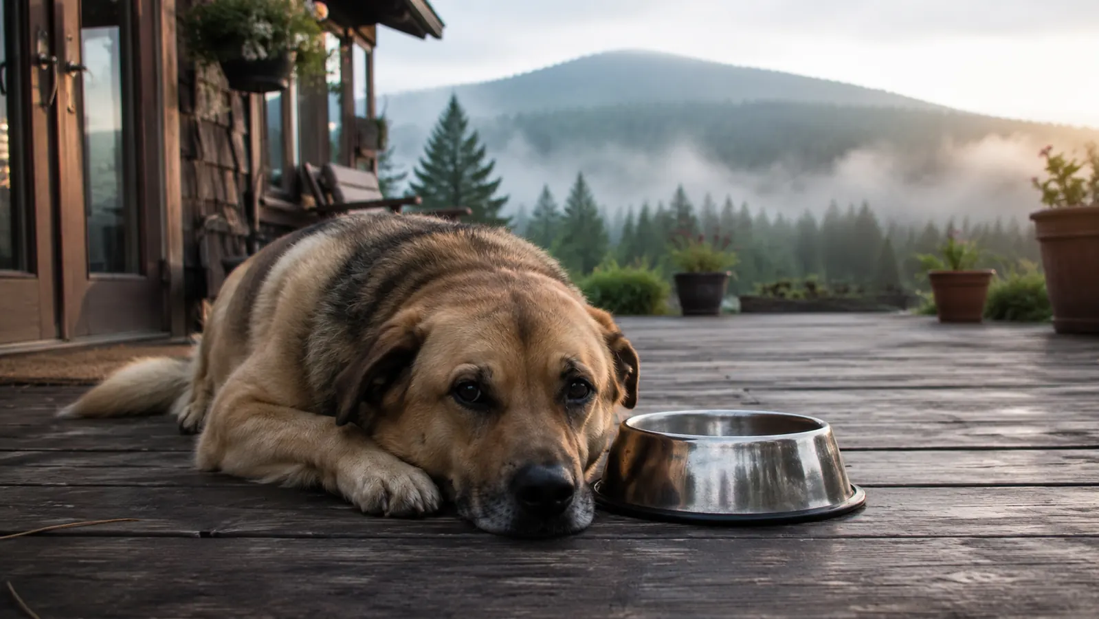 A large dog resting on a wooden back deck in morning light, its head near an empty stainless steel bowl.