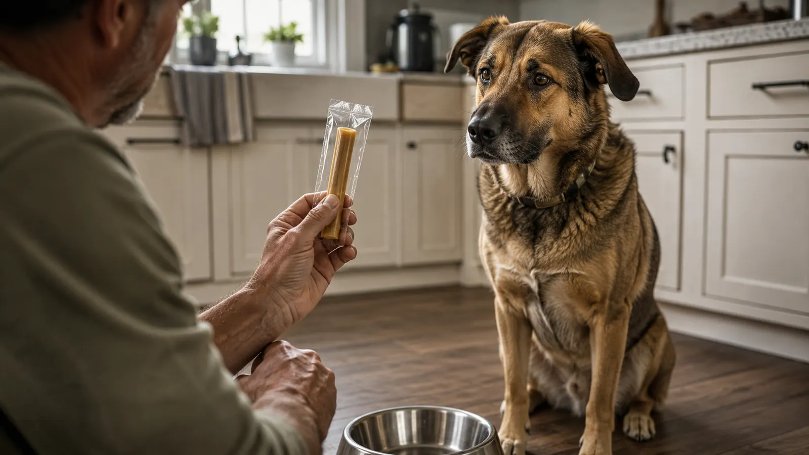 A hand offering a dental chew to a dog in a bright kitchen