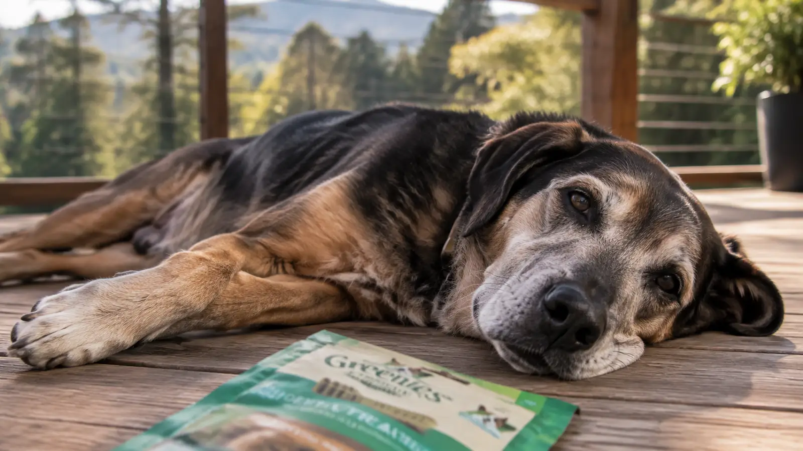 A large dog resting on a wooden back deck in soft morning light