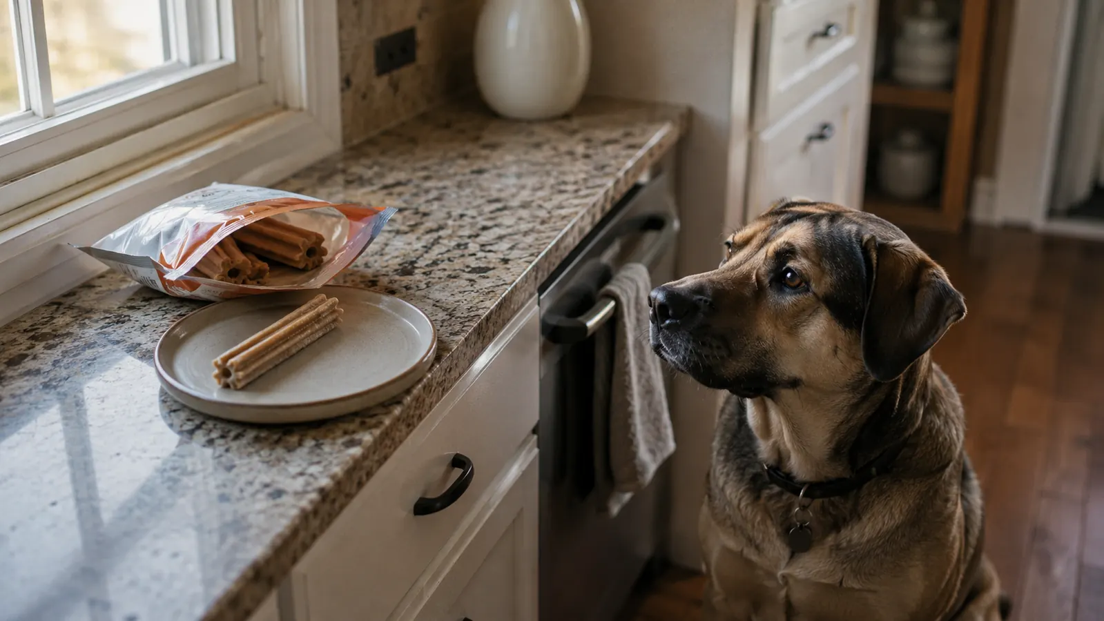 Open dental chew bag and one dental chew on a plate on a kitchen counter near a large dog