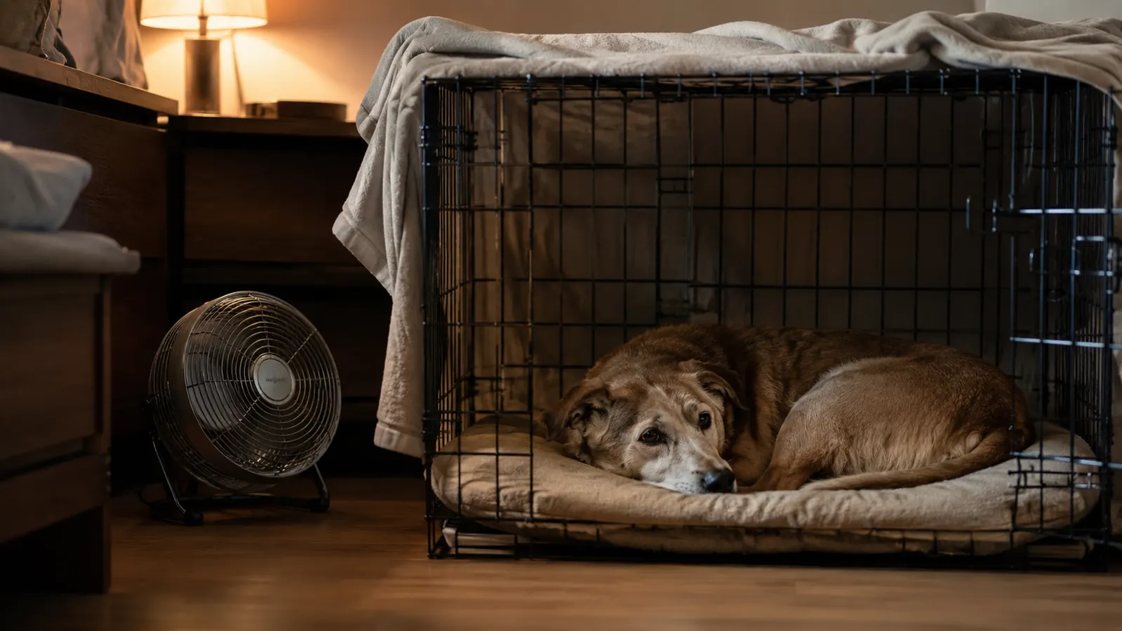 a dog resting quietly inside a blanket draped wire crate in a bedroom corner
