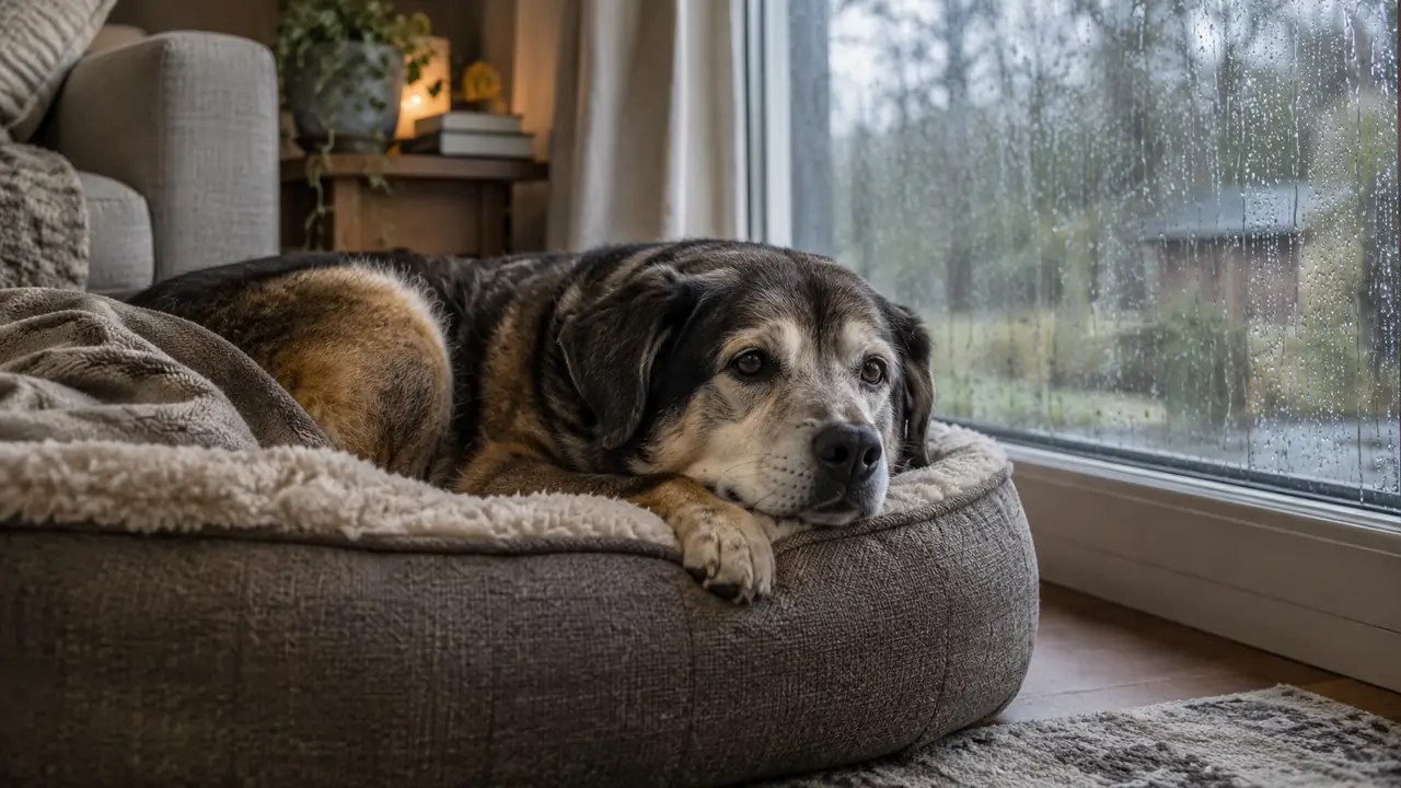 an older mixed breed dog lying on a dog bed by a window while rain streaks the glass outside