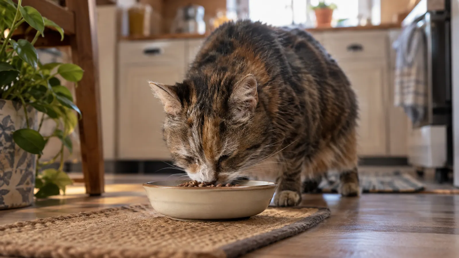 An older cat eating from a shallow ceramic bowl in a quiet kitchen corner