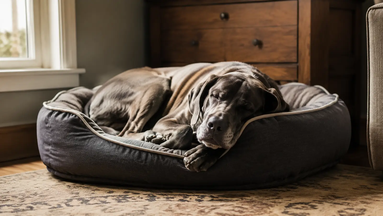 A large dog sleeping peacefully on an orthopedic dog bed with sides in a quiet living room corner