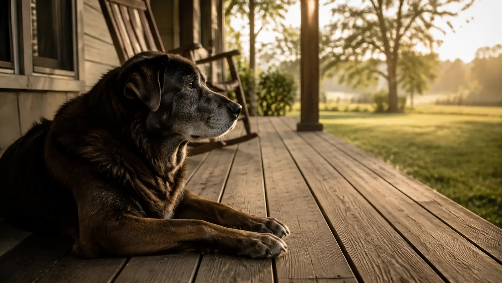 A senior dog resting on a wooden porch in soft morning light