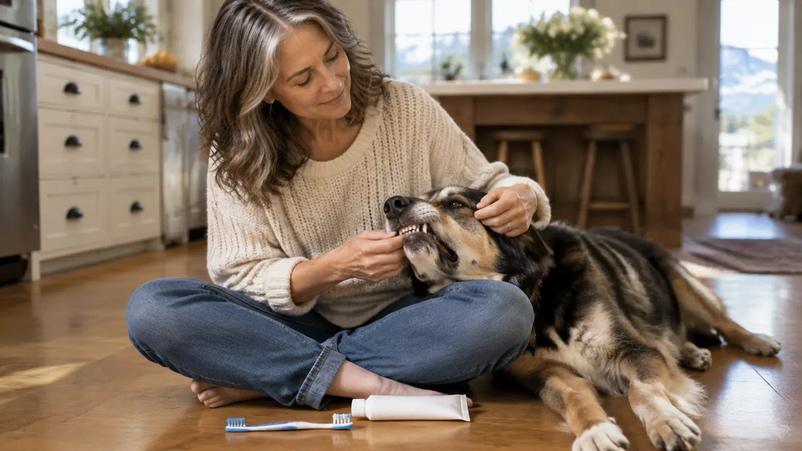 A woman sitting on a warm wood floor gently lifts a large dog's lip to look at its teeth while the dog rests its head on her knee.