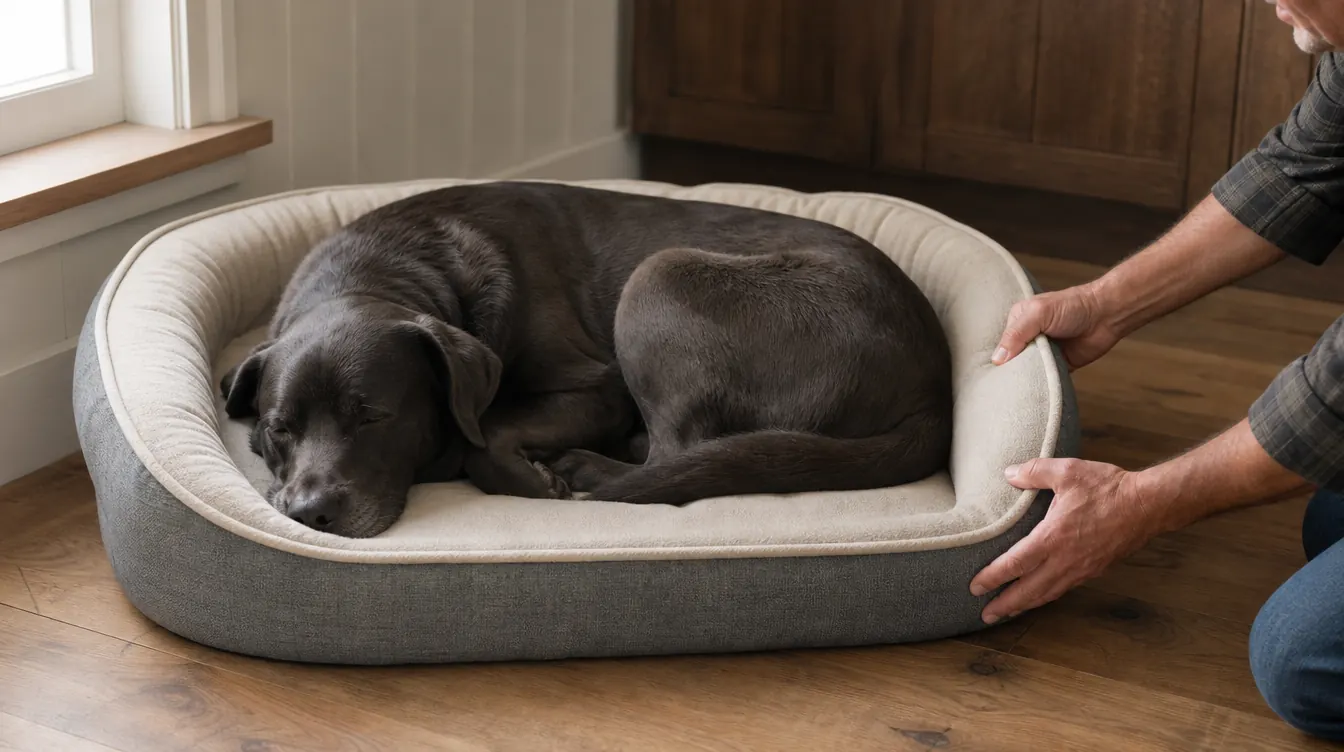 A person's hand smoothing the edge of an orthopedic dog bed while the dog lies on it, seen from the side.