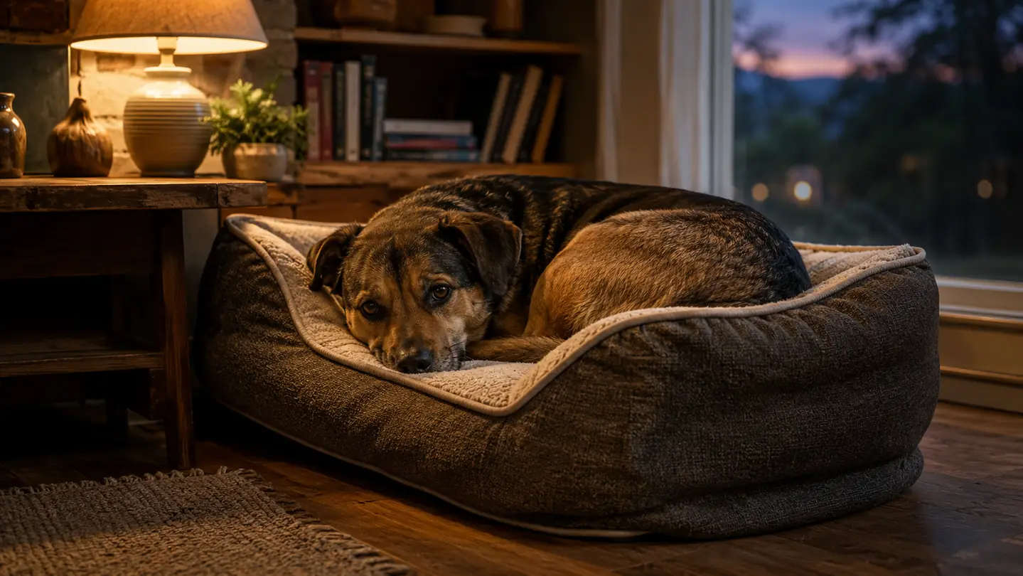 A large dog sleeping peacefully on an orthopedic dog bed with raised sides in a warm living room.