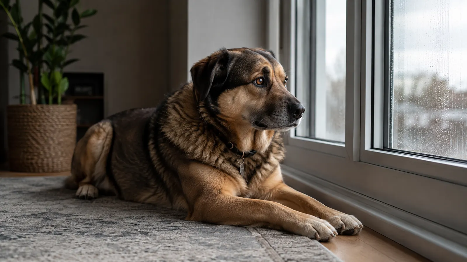 A medium-large dog resting on a rug near a closed window, soft daylight in a quiet living room