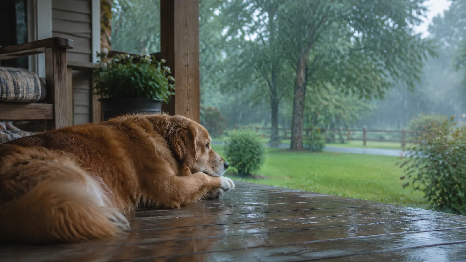 A dog lying calmly on a covered porch while rain falls in a green yard beyond