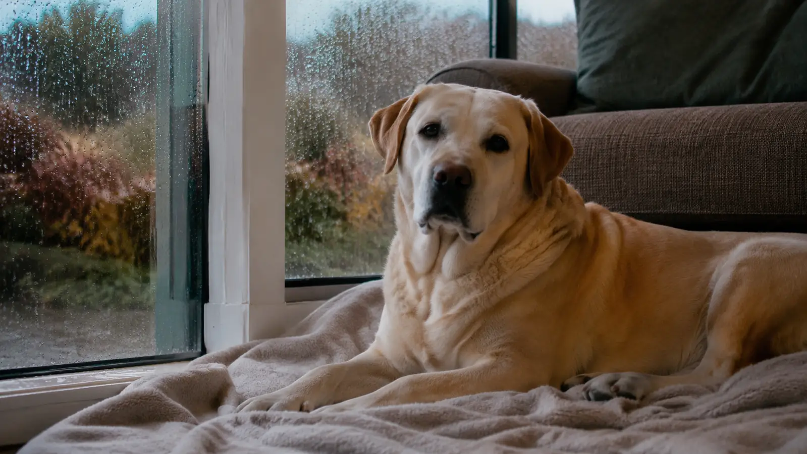 A large dog resting on a blanket near a window while rain streaks the glass